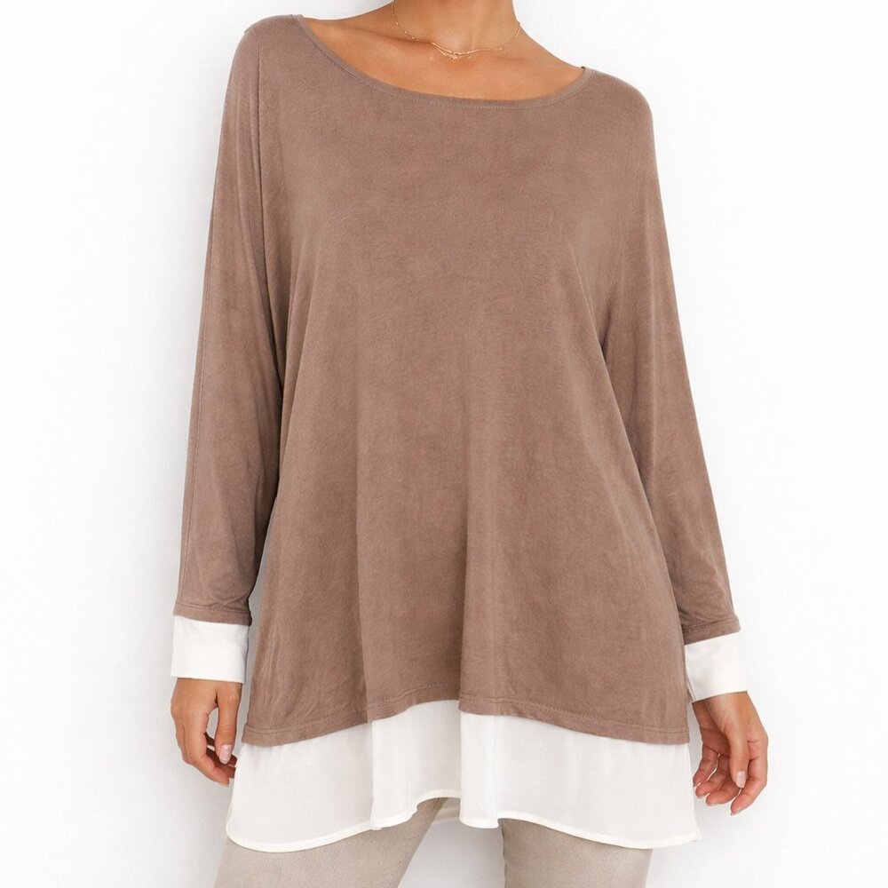 Susan Graver Tunic Top XL Taupe Layered Chiffon Hem Long Sleeve Soft Knit Relax